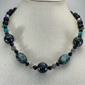 Stunning Unsigned Artisan Glass Wood Crystal Beaded Statement Necklace Black